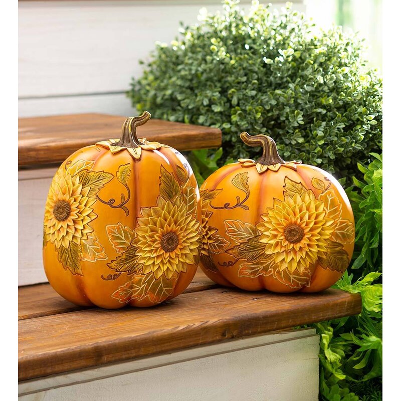 Set of 2024 2 Pumpkin Figurines Sunflower Fall Thanksgiving Decor Indoor Outdoor